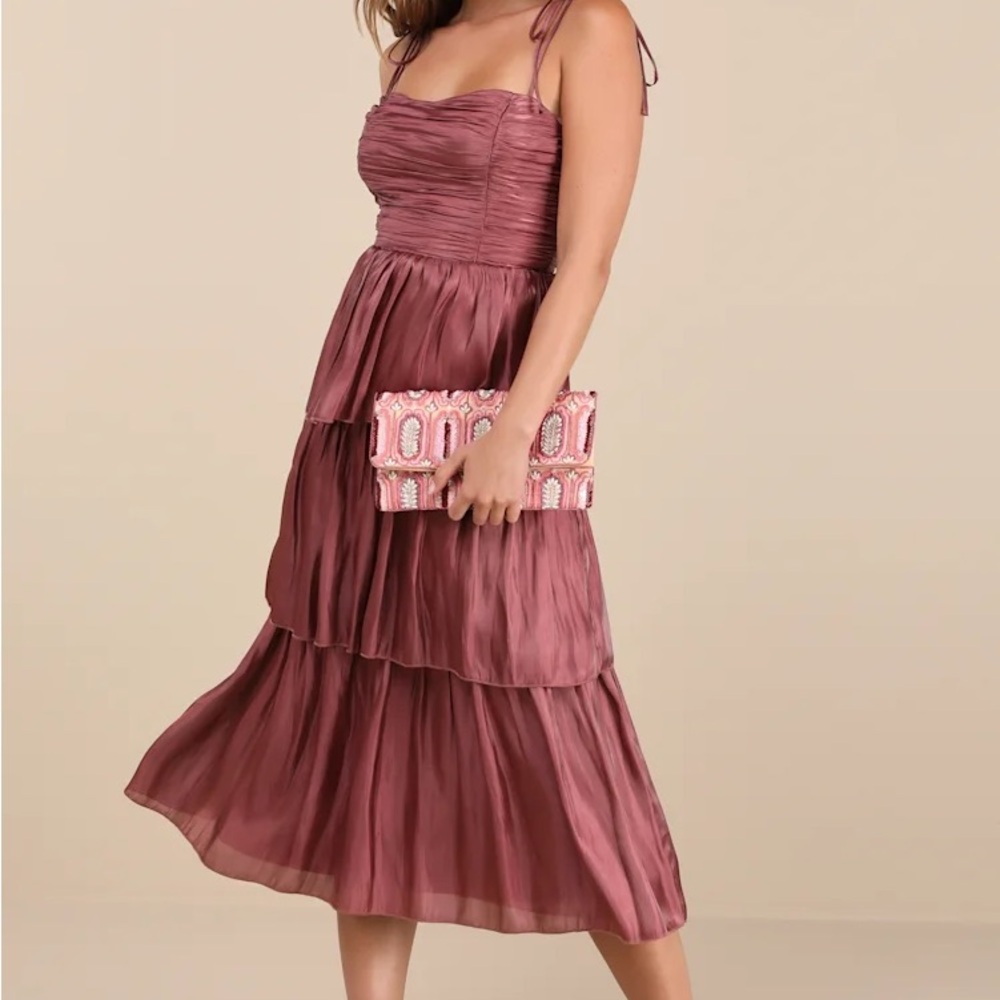 Lulu's Tennon Dusty Rose Plisse Tiered Midi Dress NWT
